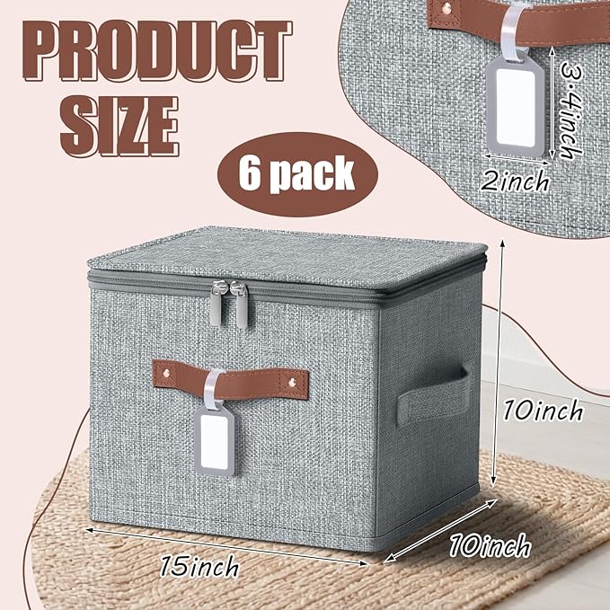 6 Pack Fabric Closet Storage Bins with Zipper Lids and Label, 15x10x10In Large Size Foldable Cotton Linen Storage Cubes Boxes with PU Leather Handles Holders for Bedroom, Shelf, Nursery, Gray