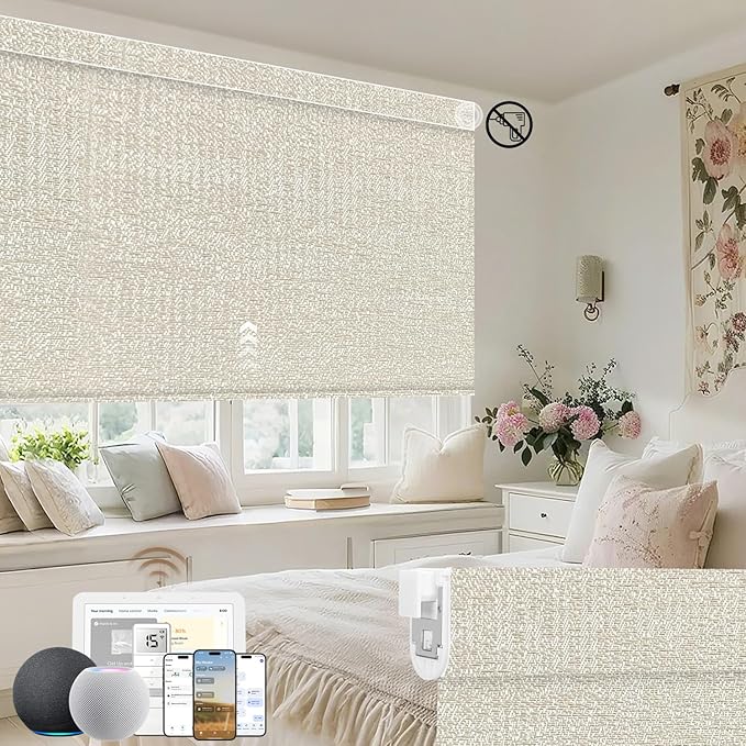 Kincmo No Drill Motorized Blinds with Remote, 100% Blackout Roller Shades for Windows, Custom Electric Blinds Compatible with Alexa, Apple Homekit, Google Home (100% Blackout Starscape Cream)