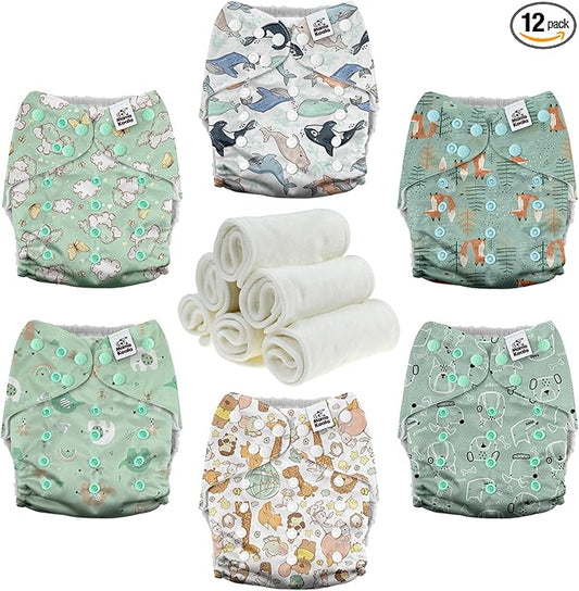 Mama Koala 3.0 Pocket Cloth Diapers for Babies with AWJ Lining, 6 Pack with 6 4-Layer Natural Cloth Diaper Inserts - Reusable and Washable Pocket Diapers (Adorable Animal)