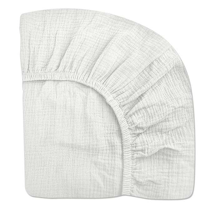 Pack and Play Sheets for Baby Boys and Girls 39"x27"x3", Neutral Muslin Cotton Pack N Play Mattresses Sheet with Boho Style, Soft and Breathable Comfort (White)