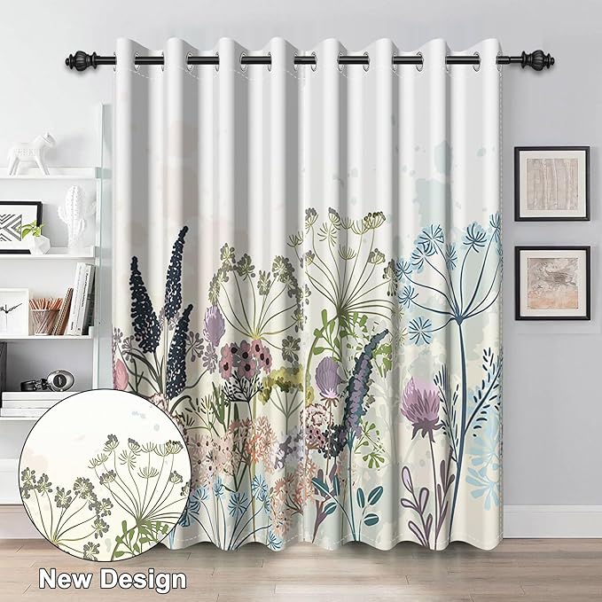 Renaiss Wildflowers Blackout Curtains Vintage Botanical Floral Plant Thermal Insulated Window Drapes for Bedroom 53W x 96L inches 2 Panel Set Window Curtain Panels for Living Room