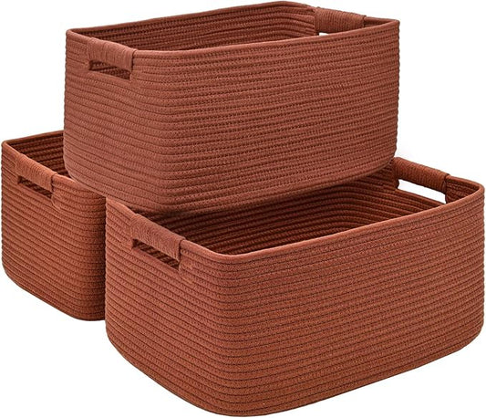 3 Pack Large Storage Basket for Organizing, 17.5"x13.5"x7.5" Woven Basket for Shelves, Closet Cube Storage Bins with Wrapped Handle, Cotton Rope Baskets for Kitchen, Clothes, Toys(Oxide Red)