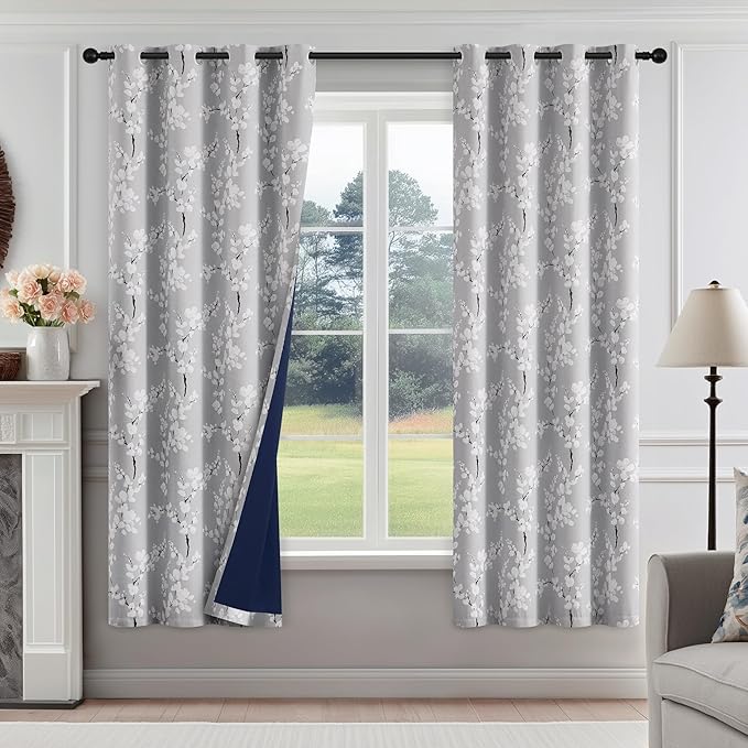 FMFUNCTEX 100% Blackout Floral Curtains for Bedroom, Grey Curtains 54 inch Length Blossom Flower Patterned for Living Room,Thermal Insulated Drapes Farmhouse, Grommet Top 2 Panels (White on Grey)
