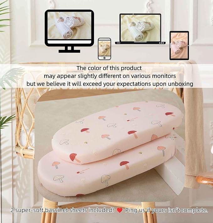 SDY Jersey Mushroom Bassinet Sheets for Baby Girls,32 "x 16 "x 4",2 Pack,Pink Cute Kawaii Standard Oval/Retangle Bassinet Mattress Sheets for Toddler,Super Soft Breathable