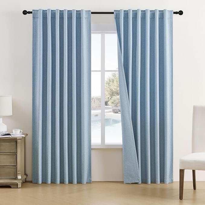 DUALIFE Dusty Blue Blackout Linen Curtain Panels 84 Inch Length 2 Panels Set Soundproof Privacy Window Drapes for Guest Room Bedroom Back Tab Rod Pocket Hook Belt (50 Wide x 84 Length Inches)
