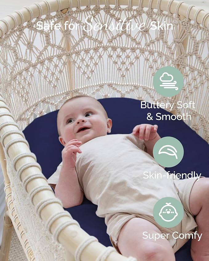 3 Pack Fitted Bassinet Sheets for 4moms Mamaroo Sleep Bassinet - 18 x 30 Inch Oval Mattress - Buttery Soft, Premium Stretchy Jersey Knit - Navy + Grey + Cloud