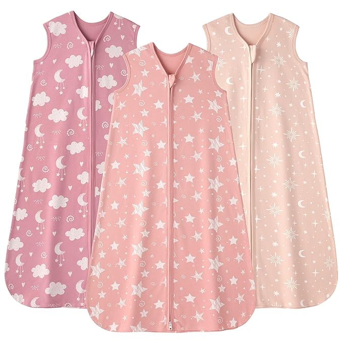 FIEMOL Baby Sleep Sack 18-24 months, 100% Cotton Sleeping Sack for Toddler, 3 Pack Baby Wearable Blanket, 0.5 Tog Lightweight Double Zipper Sleep Bag XLarge Pink Stars Moon