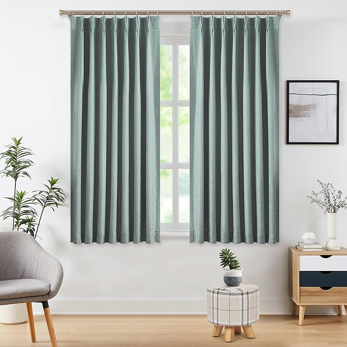 WEST LAKE Short Bailey Pinch Pleated Blackout Curtain Panels with Liners 63 Inches Long for Bedroom,Mineral Green Textured Fabric Drapes with Back Tabs,Thermal Insulating Window Treatment,40"Wx63"Lx2