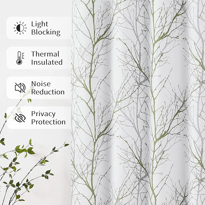 FMFUNCTEX 100% Blackout Curtains Sage Green Tree Liner Curtains for Bedroom, Branch Partterned Curtains 84 inch Length for Living Room, Room Darkening Thermal Insulated Drapes, Grommet Top 2 Panels