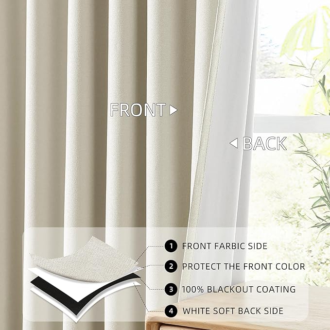 ChrisDowa 100% Blackout Birch Solid Curtains 102 Inches Long 2 Panels for Bedroom Living Room,Farmhouse Room Darkening Thermal Insulated Soundproof Grommet Top Window Treatment Drapes,52x102