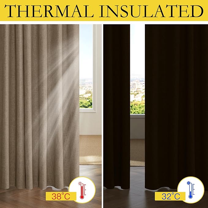 NICETOWN 100% Blackout Curtains for Kitchen with Grey Liner, Rod Pocket & Back Tab Thermal Insulated Flax Textured Full Light Blocking Window Draperies for Nursery(Burlap, 2 Panels, 42" W x 63" L)