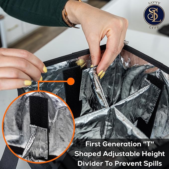 Reusable Drink Carrier with Handle – Tip-Resistant 4 Cup Carrier with Shoulder Strap for Delivery – Insulated, Foldable, Adjustable Dividers – Portable Caddy Tote Bag, Drink Holder for Car