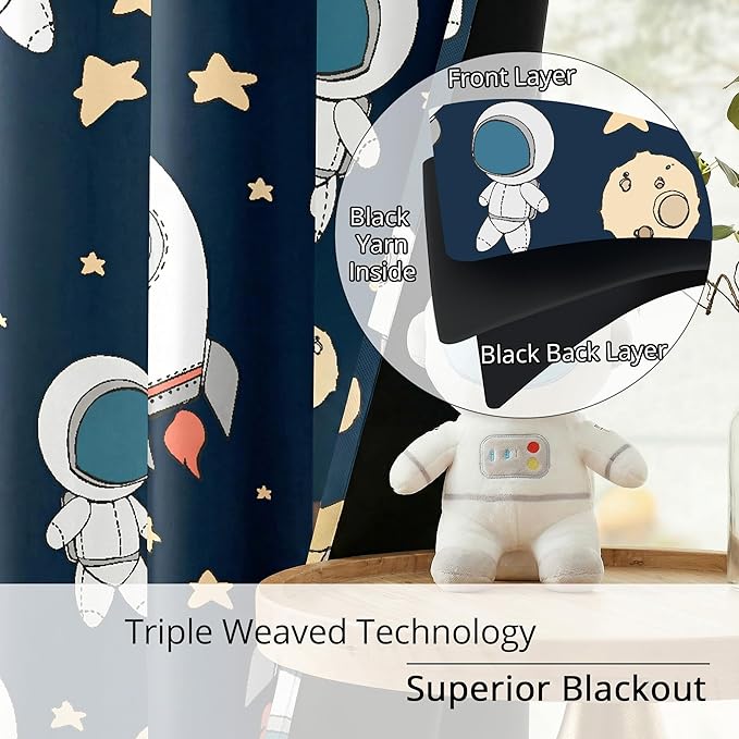 Kids Space Astronaut Planets Rockets Blackout Curtains - 100% Blackout, Thermal Insulated, Noise Reducing, for Kids Room and Nursery, 2 Panels (Astro Buddy Rockets, W52×L84)