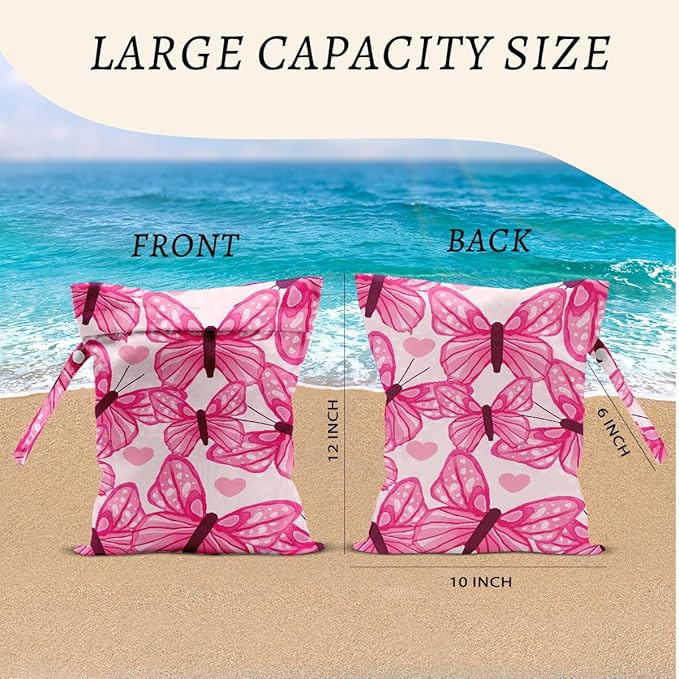 Butterfly Wet Bags 12x10 Inch, Pink Heart Waterproof Wet Dry Bags, Reusable Washable Travel Laundry Bag for Swimsuit Beach Diapers Dirty Yoga Gym Clothes, Butterfly Gifts for Women Friend Travelers