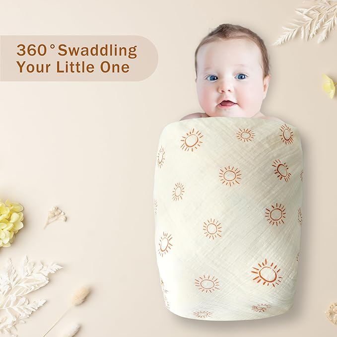3-Pack 100% Cotton Muslin Swaddle Blankets, Large 47 x 47 Inches — Breathable Soft Receiving Blankets for Newborns, Swaddling Wraps, Registry Gift (Sunny Elephant Theme)