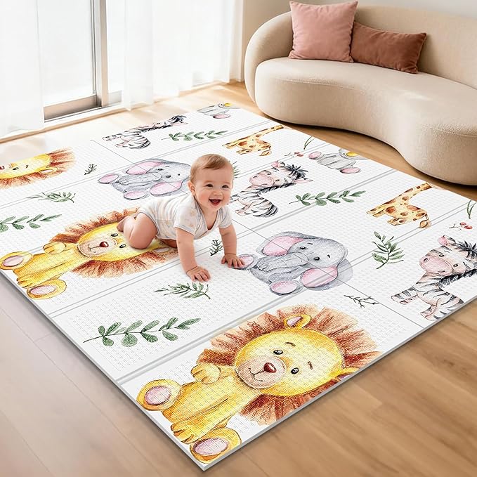 71x59 Baby Play Mat for Floor, Foldable and Foam Babies Activity Tummy Time Playmat, Waterproof & Anti-Slip Crawling Mats, Kids Non Toxic Foam Thick Play Mat for Baby, Toddlers,Lion,71x59