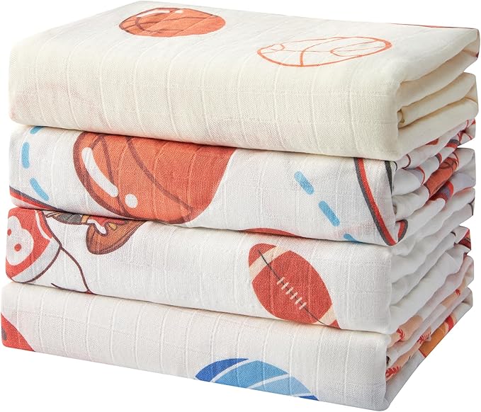 70% Rayon Made from Bamboo 30% Cotton Muslin Swaddle Blanket, 47 x 47 Inches, Basketball Print Baby Receiving Blanket, Soft and Breathable, Unisex, 4 Pack