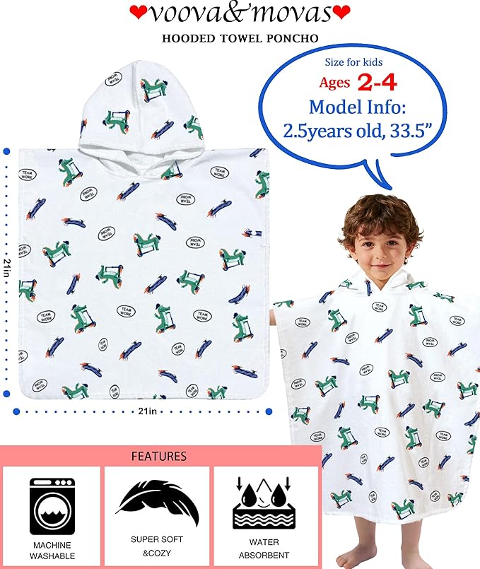 VOOVA & MOVAS Toddler Bath Towel with Hood, Oversized (2-4Years,21"X21") Made from 100% Soft Cotton,Absorbent Hooded Poncho Towel for Baby Boy,Perfect for Pool | Swimming | Bath | Beach,Crocodile