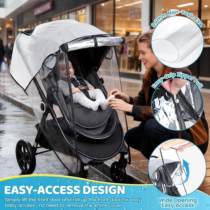 Clear Stroller Rain Cover, Universal Rain Cover for Stroller, Waterproof Travel Weather Shield with Breathable Ventilation and Easy Access, Thick EVA & PVC Protect from Dust and Snow