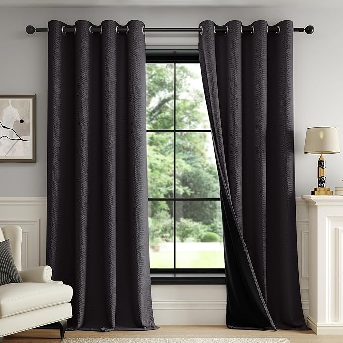 FMFUNCTEX 100% Blackout Curtains for Bedroom, Black Curtains 108 Inches Long Textured Thermal Insulated Curtains for Living Room Drapes, Black Out Drapery Grommet Room Darkening 2 Panels