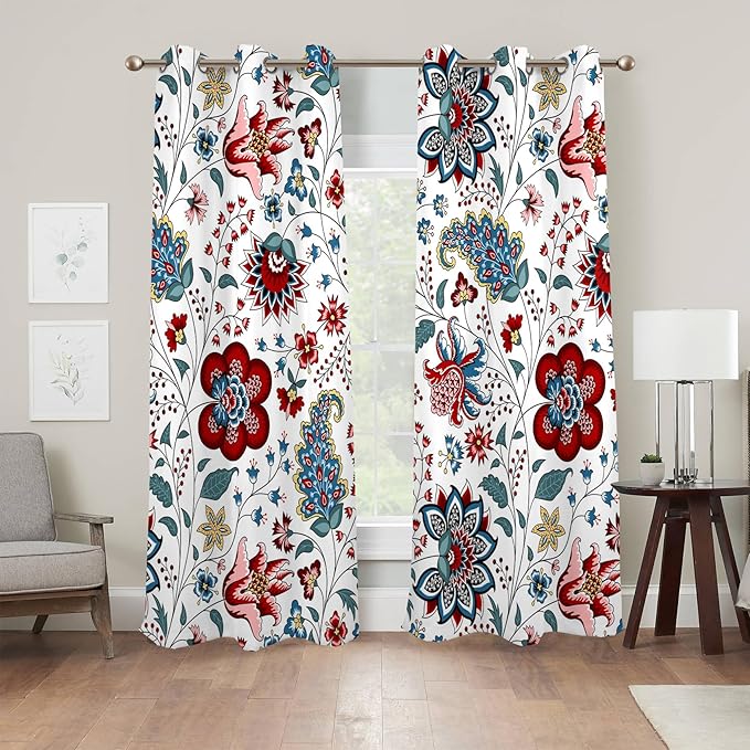 Renaiss Boho Floral Blackout Curtains, Bohemian Flower Plant Print Thermal Insulated Bedroom Window Curtains, Botanical Art Window Drapes for Living Room, 84" L x 42" W 2 Panel Set