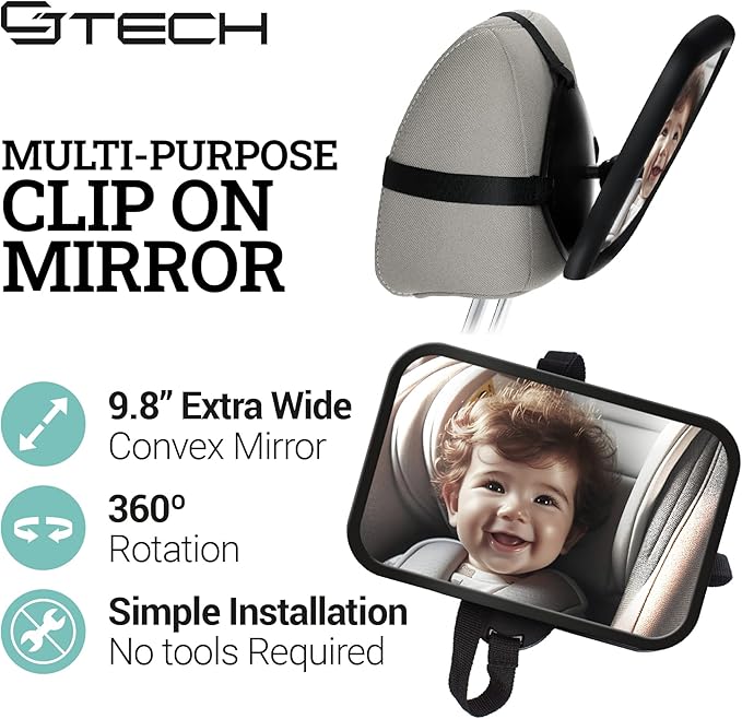 Baby Car Mirror with 360° Rotation - 9.8" Convex Shatterproof Mirror for Baby Safety with Extra Wide & Clear View - Car Seat Rear Facing with Adjustable Straps