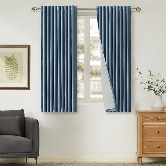 PRIMROSE 100% Full Blackout Velvet Curtains, Set of 2, Stone Grayish Blue, 52"W x 63"L (Pack of 2), Living Room, Bedroom