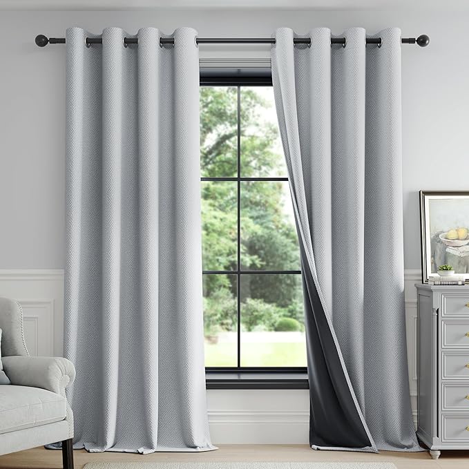 FMFUNCTEX 100% Light Grey Blackout Curtains for Living Room, Curtains 96 Inches Long Weave Textured Thermal Insulated Curtains for Bedroom, Black Out Drapery Grommet Room Darkening 2 Panels