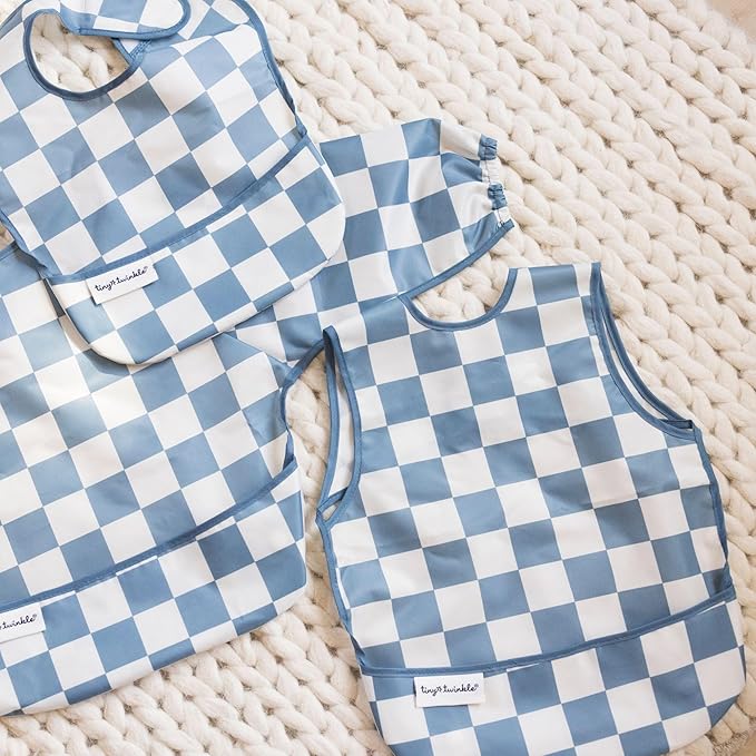 Tiny Twinkle Long Sleeve Bib for Babies & Toddlers | Waterproof Smock Bib for Eating | Machine Washable & Mess-Proof Feeding Essentials | Newborn Shower Gift (Checkers Blue, 6–24M)