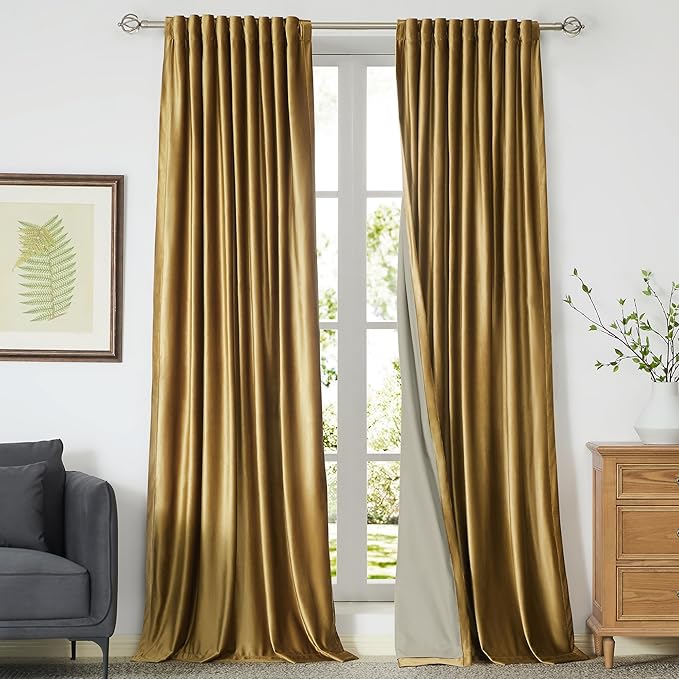PRIMROSE Full Blackout Golden Velvet Curtains 102 inch Long for Living Room,2 Panels Liner Rod Pocket Back Tab Thermal Window Curtains Room Darkening Heavy Decorative Curtain Drapes for Bedroom