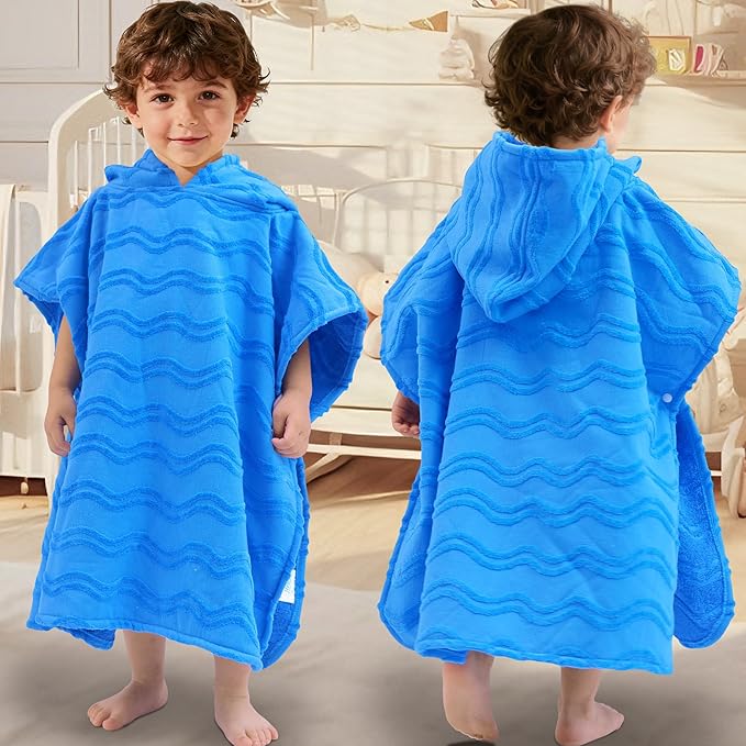 Toddler Bath Towels with Hood, Oversized (2-4Years,22"X22") Made from 100% Soft Cotton,Absorbent Hooded Poncho Towel for Baby Boy,Perfect for Pool | Swimming | Bath | Beach,Jacquard Blue Wave