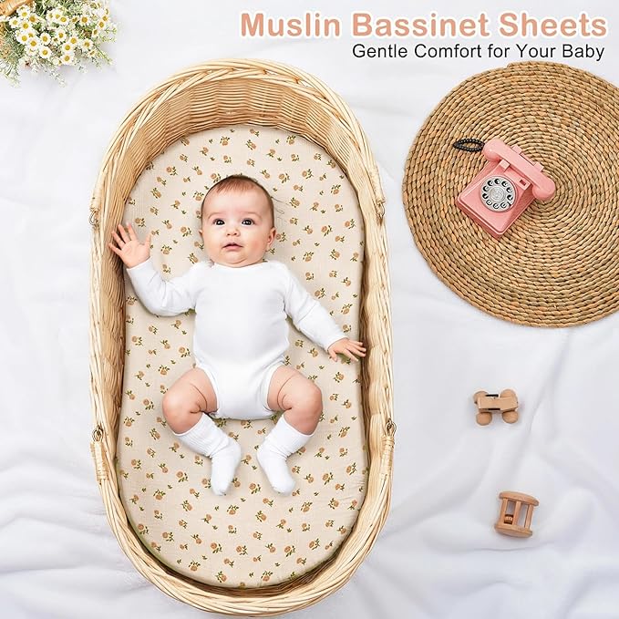 Basumee Muslin Bassinet Sheets for Baby Girl Boy 2 Pack Soft Breathable Baby Bedside Bassinet Fitted Sheets with Bottom Elastic Band 33''x17''x4'' Mattress Cover for Rectangle Oval Hourglass Bassinets
