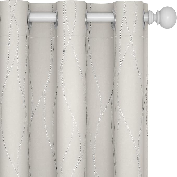 Deconovo Beige Blackout Curtains, Room Darkening Curtain, Thermal Insulated Soundproof Drapes, Silver Wave Dots Print, 38 x 54 Inch, Machine Washable Window Panels for Kitchen Nursery Office, Set of 2