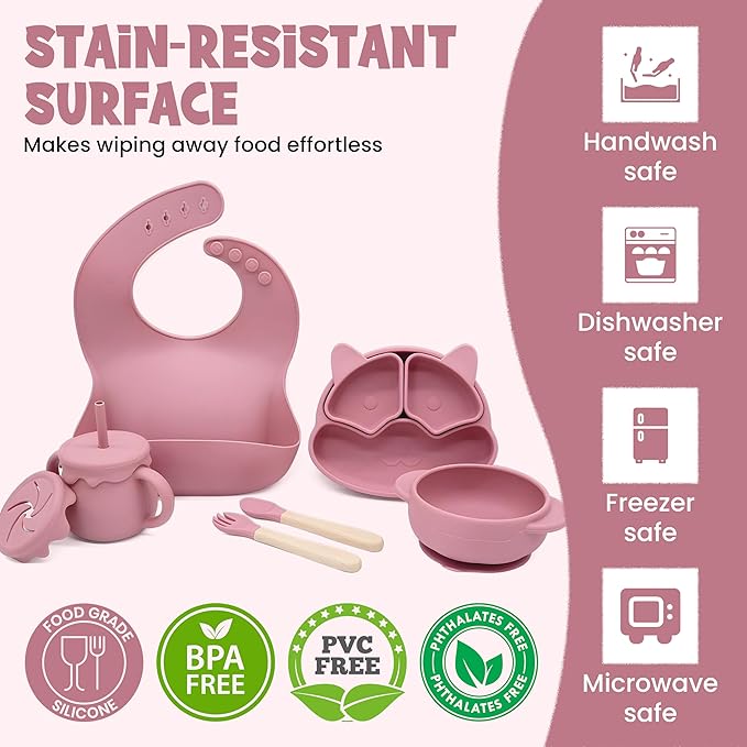 Baby Feeding Essentials, Baby Led Weaning Supplies, Silicone Baby Feeding Set, with Baby Spoon, Fork, Baby Bib, Sippy Cup, Suction Plate, Suction Bowl, Baby Eating Essentials, 6+ Months (Dark Pink)