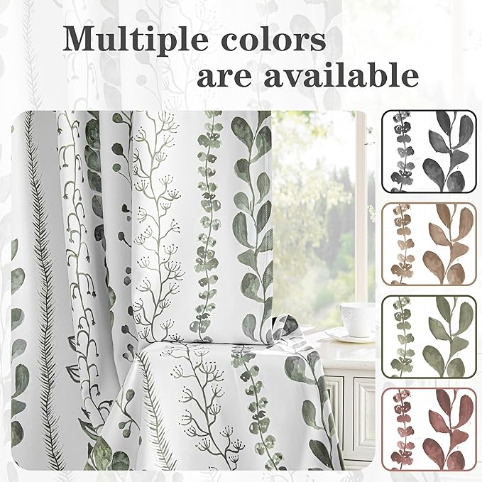 MEETSKY Sage Green Blackout Curtains 95 Inches Long 2 Panels Boho Curtains for Living Room Thermal Insulated Privacy Protection Rod Pocket Drapes for Bedroom, Leaf Print Window Treatment, 50" Wide