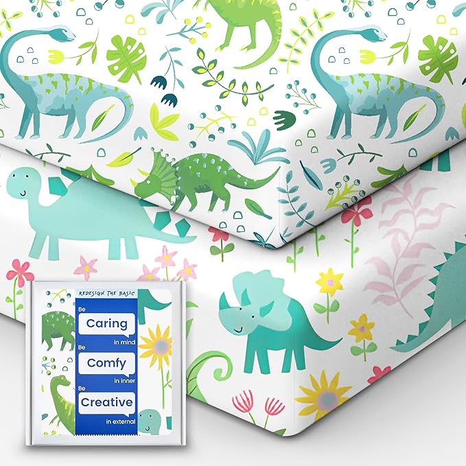 TotBasic Dinosaur Crib Sheets for Boys, Premium Soft Crib Mattress Fitted Sheet, Ultra Breathable Baby Sheets, Super Stretchy Baby Bed Sheets 28x52x9 Extra Deep Pocket, 2 Pack