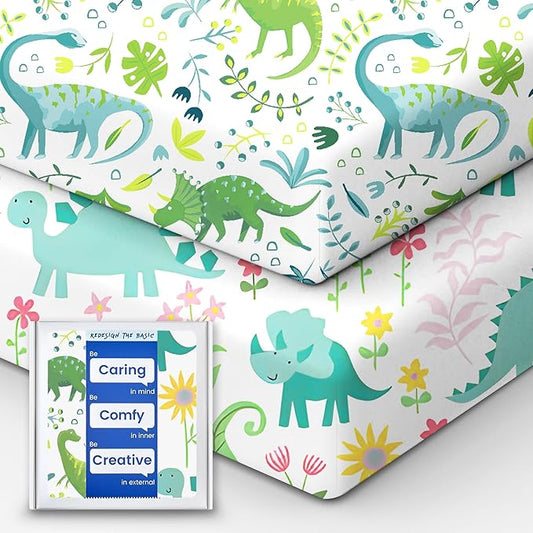 TotBasic Dinosaur Crib Sheets for Boys, Premium Soft Crib Mattress Fitted Sheet, Ultra Breathable Baby Sheets, Super Stretchy Baby Bed Sheets 28x52x9 Extra Deep Pocket, 2 Pack