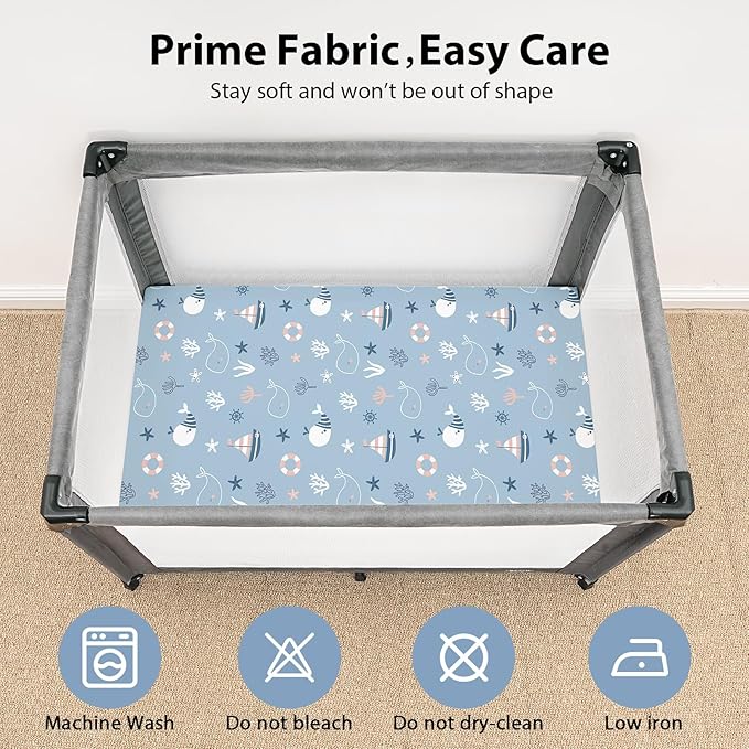 Baby Mini Crib Sheets Boy, Portable 38”x26” Pack and Play Sheets Fitted for Playard and Pack N Play Mattress, 3-Pack Soft Microfiber Blue Ocean Whale