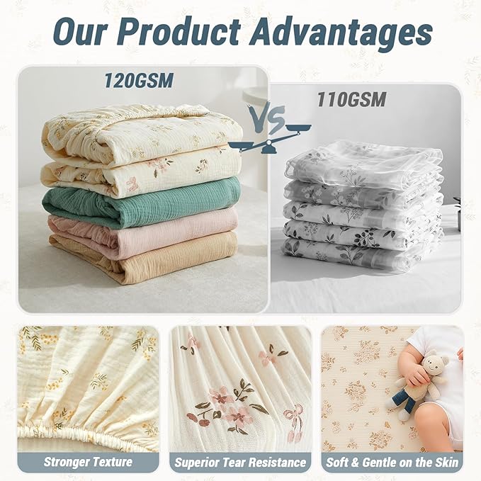 Heavyweight Muslin Baby Crib Sheets - 2PCS 52"x28" Neutral Fitted Crib Sheets for Boys Girls, Breathable Soft 100% Organic Cotton Standard Baby Mattress Sheet (Blue, Light Green)