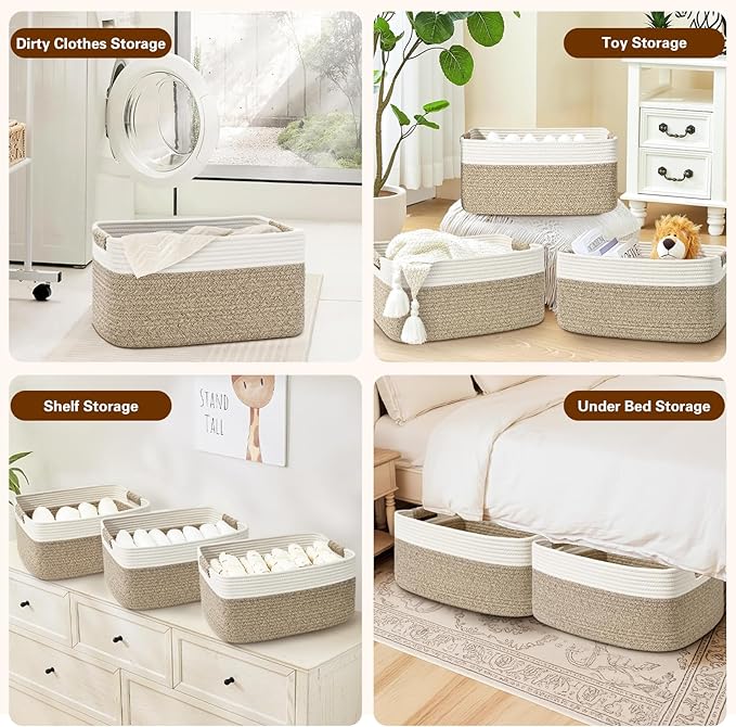 2 Pack Large Storage Basket for Organizing, 17.5"x13.5"x7.5" Woven Basket for Shelves, Closet Storage Bins with Wrapped Handle, Cotton Rope Baskets for Kitchen, Clothes, Toys(Off White & Brown)