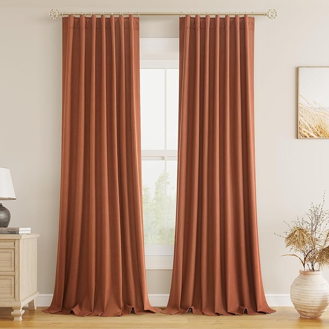 Guken Terracotta 100% Blackout Linen Curtains 102 Inch Length 2 Panels Set Fall Curtains for Living Room Bedroom Back Tab Thermal Insulated Black Out Linen Drapes，52x102