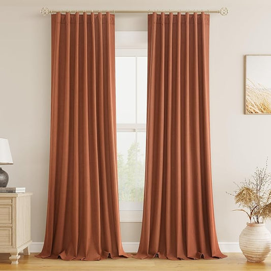 Guken Terracotta 100% Blackout Curtains 108 Inch Length 2 Panels Set Fall Curtains for Living Room Bedroom Back Tab Thermal Insulated Black Out Linen Drapes，52x108