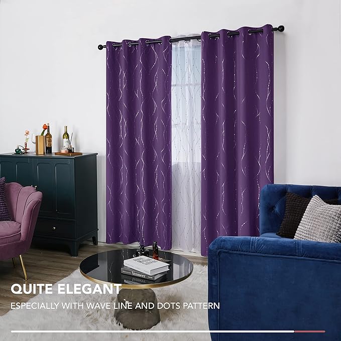 Deconovo Blackout Curtains 95 Inches Long, Purple Blackout Curtain with Silver Wave Dots Print Pattern, Thermal Insulated Soundproof Drapes for Sliding Glass Door Patio Living Room Bedroom, Set of 2