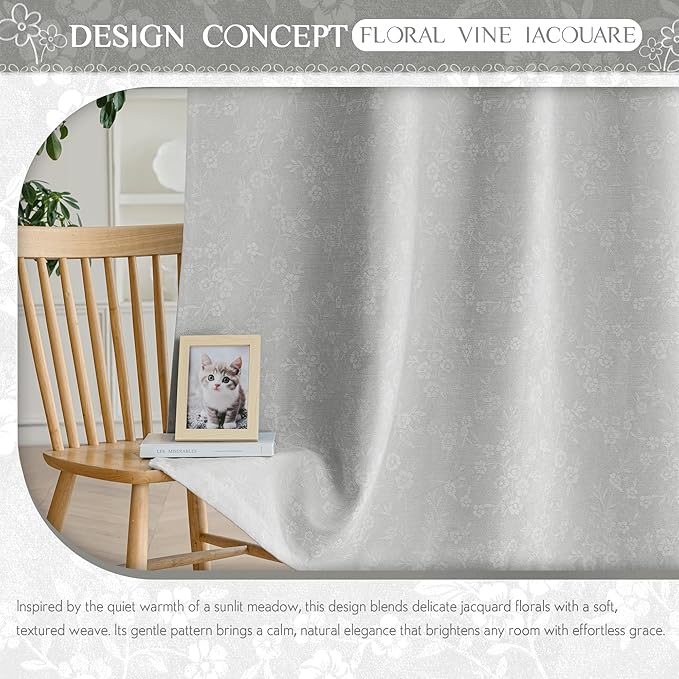 Beauoop Grey Floral Jacquard Blackout Curtains 96 Inches Long 2 Panels for Living Room Bedroom Chenille Flower Room Darkening Thermal Insulated Soundproof Grommet Window Drapes, 52x96 Set of 2