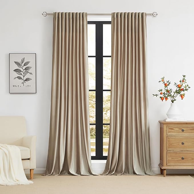 100% Full Blackout Champagne Beige Velvet Curtains 120 inch Long for Living Room,Set of 2 Liner Rod Pocket Back Tab Thermal Window Curtains Room Darkening Decorative Curtains Drapes for Bedroom