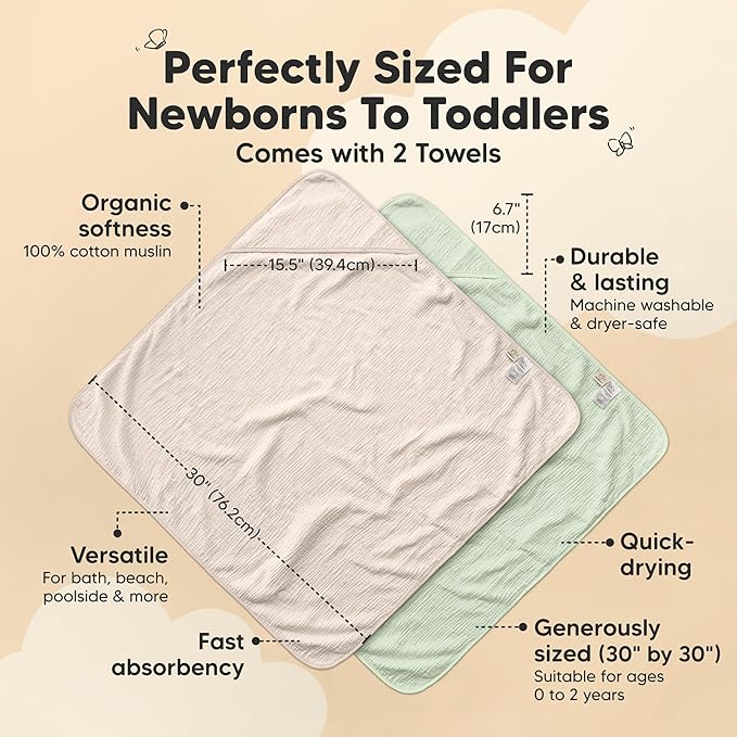 KeaBabies Muslin Hooded Baby Towels for Newborn Girls, Boys - 2-Pack, 30x30 Organic Cotton Baby Bath Towels Hooded, Soft Absorbent, Toddlers, Kids, Infant, Newborn Bath Essentials (Sage, Petite)
