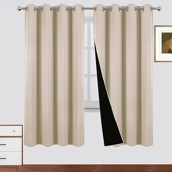 LEMOMO Blackout Curtains 52 x 72 Inch Light Beige Curtains 2 Panels Darkening Thermal Insulated Bedroom Curtains