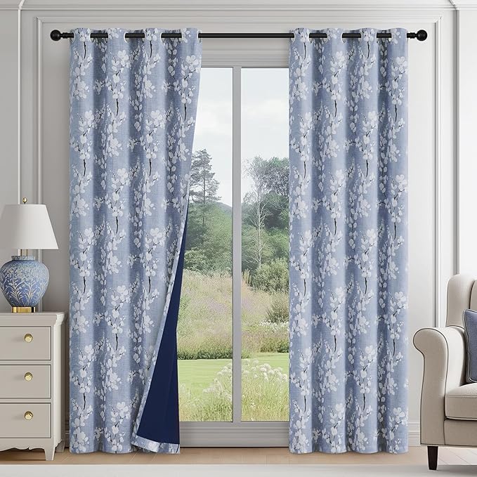 FMFUNCTEX 100% Blackout Floral Curtains for Bedroom, Blue Curtains 96 inches Long Blossom Flower Patterned for Living Room,Thermal Insulated Farmhouse Drapes, Grommet Top 2 Panels (White on Blue)