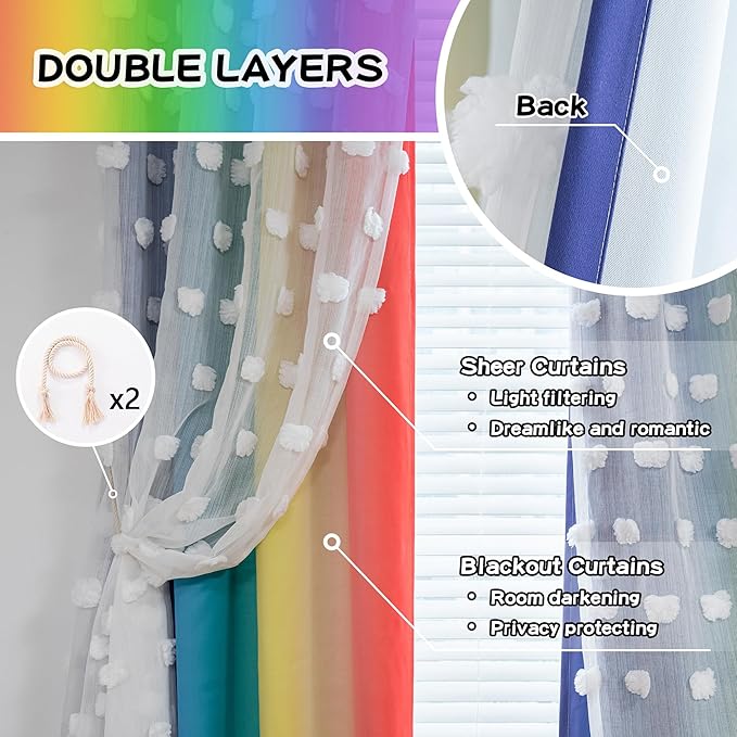 MYSKY HOME Pom Pom Sheer and Blackout Curtains Double Layer Rainbow Curtains 63 Inches Long Kids Curtains for Girls Bedroom Son Room Ombre Room Darkening Grommet Rainbow 52 x 63 in 2 Panels