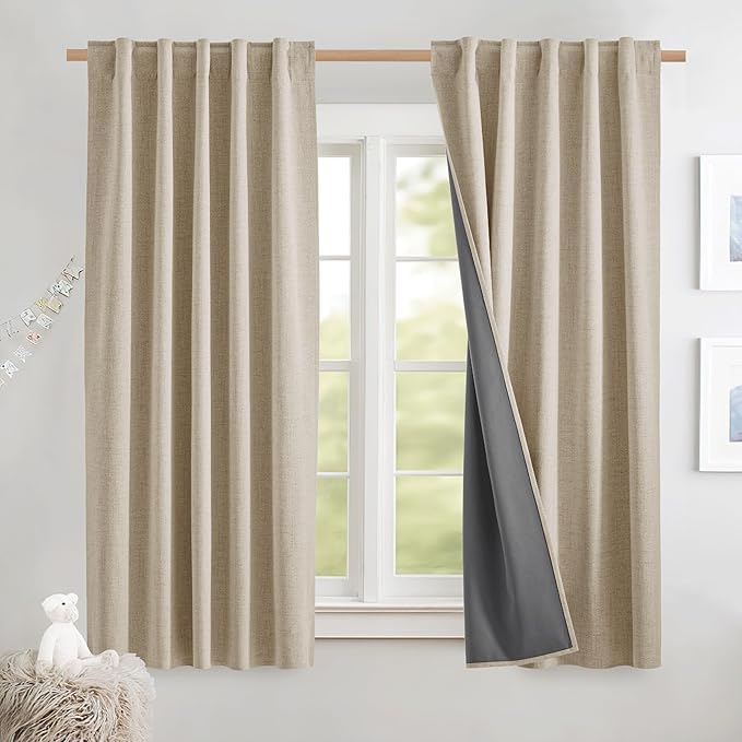 NICETOWN Cream Thick Linen Blend 100% Blackout Curtains with Grey Liners, Rod Pocket Back Tab Thermal Insulated Flax Textured Full Blackout Window Draperies for Kitchen (2 Panels, 42" W by 63" L)